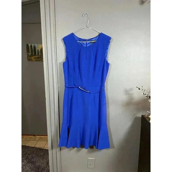 Tahari Arthur S. Levine Royal Blue Sleeveless Lined Polyester Dress Size 12 Belt